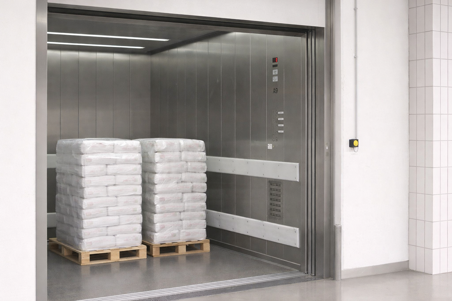 Elevador de carga 2000 kg industrial transportando dois paletes com sacos em ambiente logístico