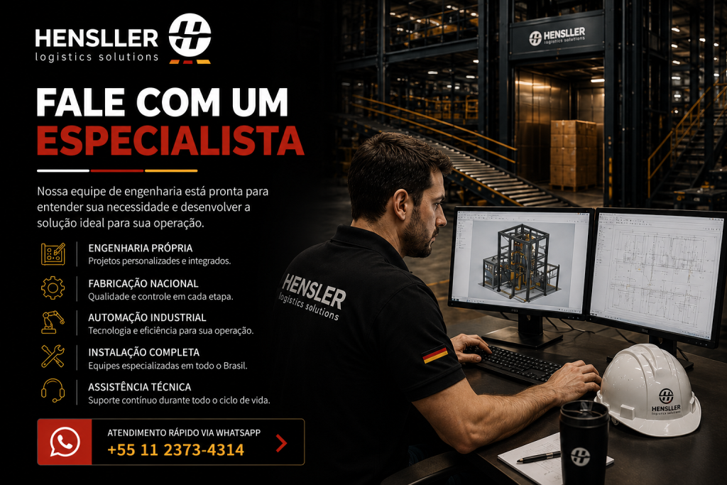 Banner Hensller Fale com um Especialista para projetos de movimentação industrial, intralogística, elevadores de carga, automação industrial e sistemas aeroportuários.