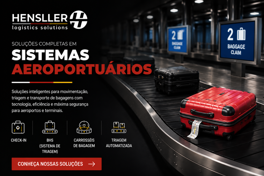Sistema aeroportuário BHS HENSLLER para movimentação, triagem e transporte automatizado de bagagens em aeroportos.