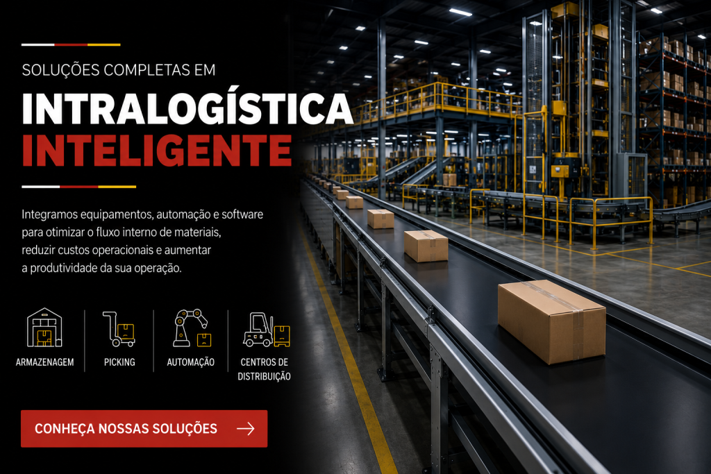 Banner de intralogística inteligente com esteira transportadora de correia em centro de distribuição automatizado da Hensller.