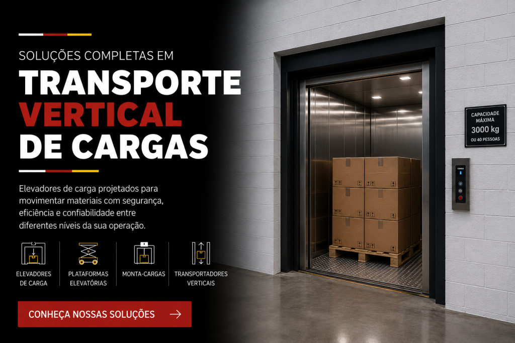 Banner de transporte vertical de cargas com elevador industrial instalado em alvenaria para movimentação de materiais em centros logísticos e indústrias.