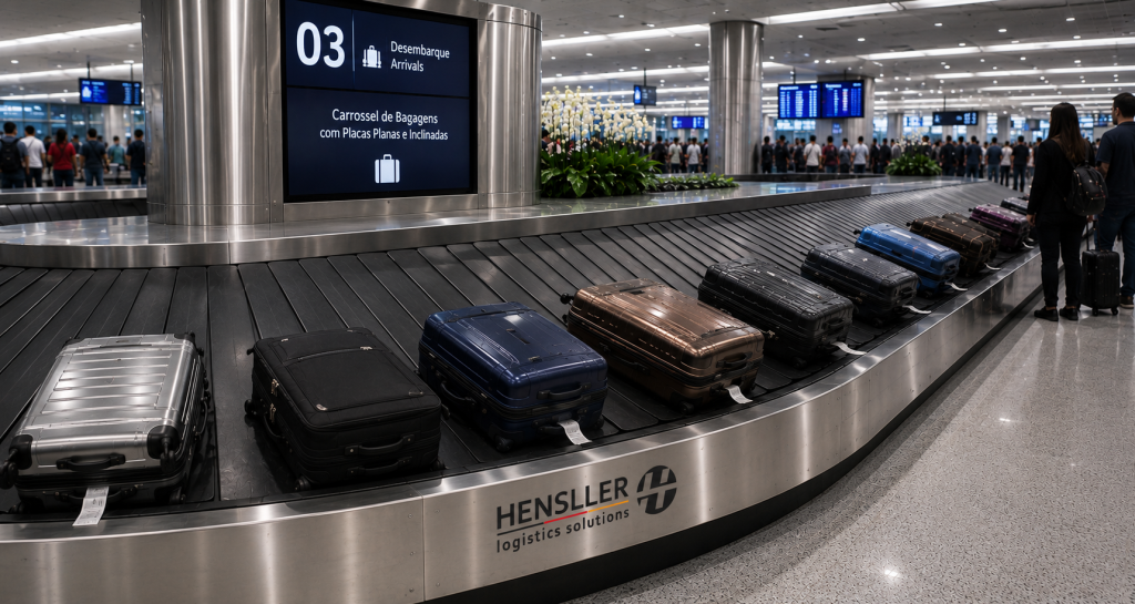 Carrossel de bagagens com placas planas e inclinadas Hensller em aeroporto internacional com estrutura em aço inox e correia preta para restituição automatizada de bagagens.