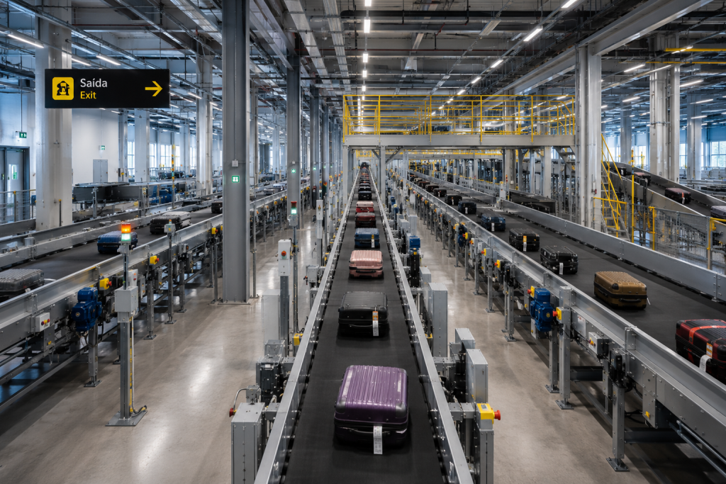 Transportadores de bagagens para aeroportos com sistema BHS automatizado desenvolvido pela Hensller Logistics Solutions.
