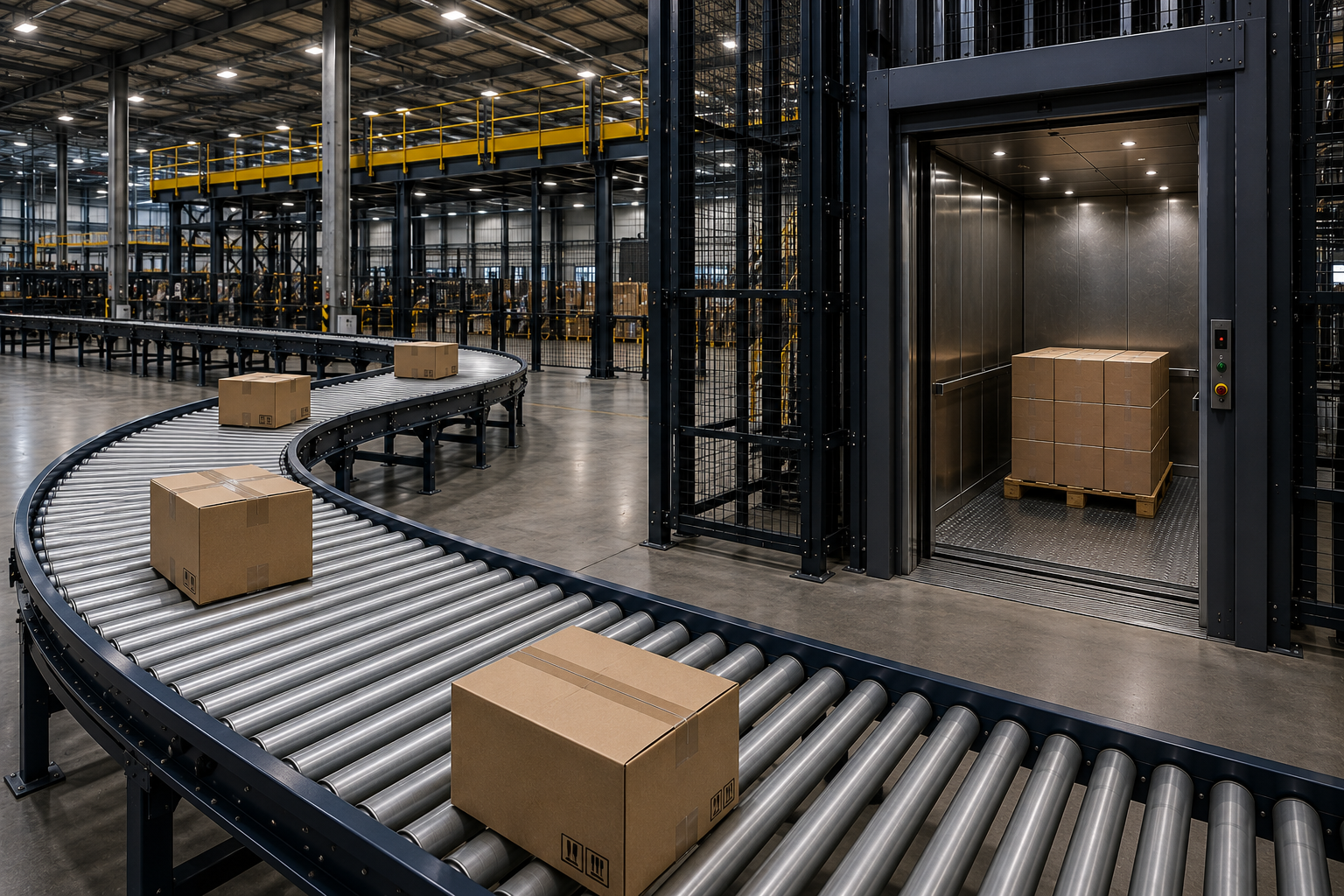 Tipos de sistemas de movimentação de materiais em ambiente industrial com esteira transportadora de roletes e elevador de carga desenvolvidos pela Hensller.